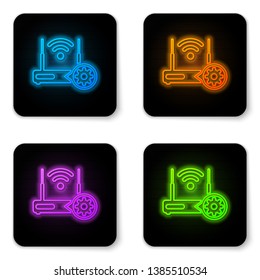 Glowing neon Router and wi-fi signal and gear icon isolated on white background. Adjusting app, service concept, setting options, maintenance, repair, fixing. Black square button. Vector Illustration