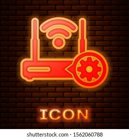 Glowing neon Router and wi-fi signal and gear icon isolated on brick wall background. Adjusting app, service concept, setting options, maintenance, repair, fixing.  Vector Illustration