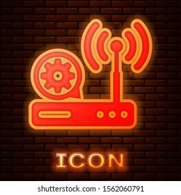 Glowing neon Router and wi-fi signal and gear icon isolated on brick wall background. Adjusting app, service concept, setting options, maintenance, repair, fixing.  Vector Illustration