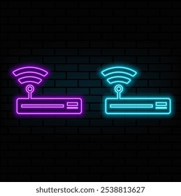 Glowing neon Router and wi-fi signal icon isolated on brick wall background. Wireless ethernet modem router. Computer technology internet. Vector.