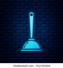 Glowing neon Rubber plunger with wooden handle for pipe cleaning icon isolated on brick wall background. Toilet plunger.  Vector Illustration