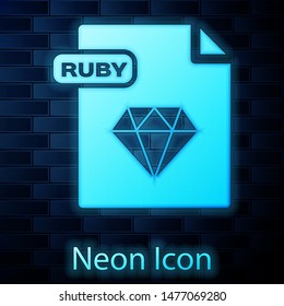 Glowing neon RUBY file document. Download ruby button icon isolated on brick wall background. RUBY file symbol.  Vector Illustration