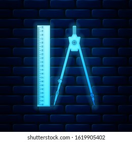 Glowing neon Ruler and drawing compass icon isolated on brick wall background. Drawing professional instrument. Geometric equipment. Education sign.  Vector Illustration
