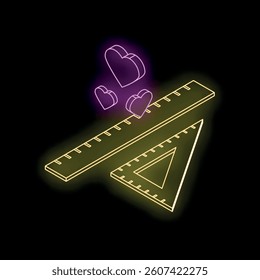 Glowing neon ruler and set square with floating purple hearts, expressing love for geometry and mathematics