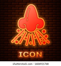 Glowing neon Runny nose icon isolated on brick wall background. Rhinitis symptoms, treatment. Nose and sneezing. Nasal diseases.  Vector Illustration