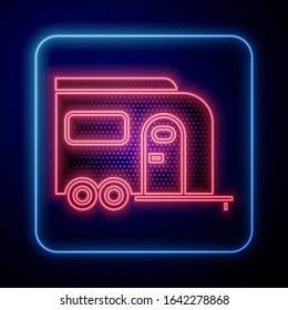 Glowing neon Rv Camping trailer icon isolated on blue background. Travel mobile home, caravan, home camper for travel.  Vector Illustration