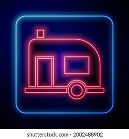 Glowing neon Rv Camping trailer icon isolated on blue background. Travel mobile home, caravan, home camper for travel.  Vector Illustration