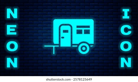 Glowing neon Rv Camping trailer icon isolated on brick wall background. Travel mobile home, caravan, home camper for travel.  Vector