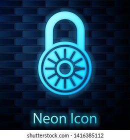 Glowing neon Safe combination lock wheel icon isolated on brick wall background. Combination padlock. Security, safety, protection, password, privacy concept. Vector Illustration
