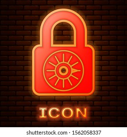 Glowing neon Safe combination lock wheel icon isolated on brick wall background. Combination padlock. Security, safety, protection, password, privacy.  Vector Illustration