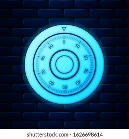 Glowing neon Safe combination lock wheel icon isolated on brick wall background. Protection concept. Password sign.  Vector Illustration