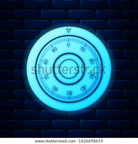 Glowing neon Safe combination lock wheel icon isolated on brick wall background. Protection concept. Password sign.  Vector Illustration
