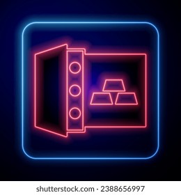 Glowing neon Safe with gold bars icon isolated on black background. Precious metals on deposit in bank. Metallic treasury. Reliable data protection.  Vector