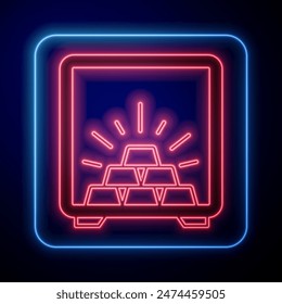 Glowing neon Safe with gold bars icon isolated on black background. Precious metals on deposit in bank. Metallic treasury. Reliable data protection.  Vector