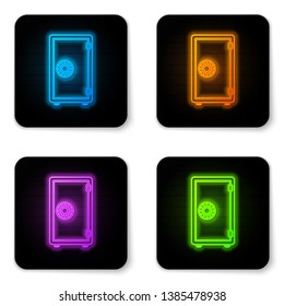 Glowing neon Safe icon isolated on white background. The door safe a bank vault with a combination lock. Reliable Data Protection. Black square button. Vector Illustration