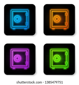 Glowing neon Safe icon isolated on white background. The door safe a bank vault with a combination lock. Reliable Data Protection. Black square button. Vector Illustration