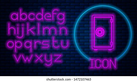 Glowing neon Safe icon isolated on brick wall background. The door safe a bank vault with a combination lock. Reliable Data Protection. Neon light alphabet. Vector Illustration