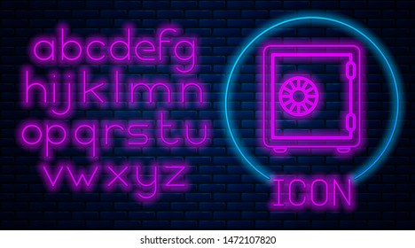 Glowing neon Safe icon isolated on brick wall background. The door safe a bank vault with a combination lock. Reliable Data Protection. Neon light alphabet. Vector Illustration