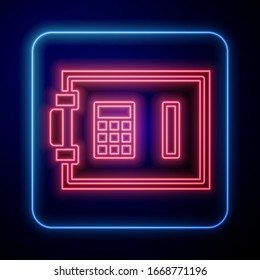 Glowing neon Safe icon isolated on blue background. The door safe a bank vault with a combination lock. Reliable Data Protection.  Vector Illustration