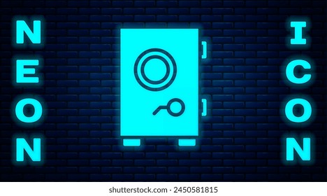 Glowing neon Safe icon isolated on brick wall background. The door safe a bank vault with a combination lock. Reliable Data Protection.  Vector Illustration