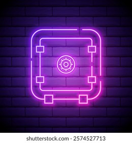 Glowing neon Safe icon isolated on brick wall background. The door safe a bank vault with a combination lock. Reliable Data Protection. Vector.