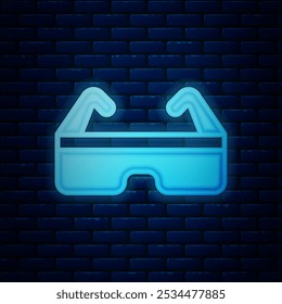 Glowing neon Safety goggle glasses icon isolated on brick wall background.  Vector