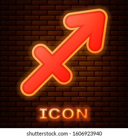 Glowing neon Sagittarius zodiac sign icon isolated on brick wall background. Astrological horoscope collection.  Vector Illustration