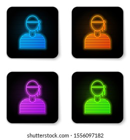 Glowing neon Sailor captain icon isolated on white background. Black square button. Vector Illustration