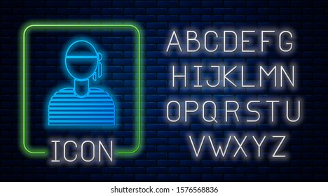Glowing neon Sailor captain icon isolated on brick wall background. Neon light alphabet. Vector Illustration
