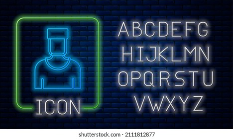 Glowing neon Sailor captain icon isolated on brick wall background. Neon light alphabet. Vector