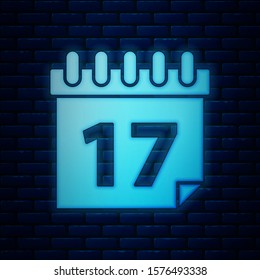 Glowing neon Saint Patrick's day with calendar icon isolated on brick wall background. Date 17 March.  Vector Illustration