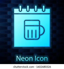Glowing neon Saint Patricks day with calendar icon isolated on brick wall background. Four leaf clover symbol. Date 17 March.  Vector Illustration