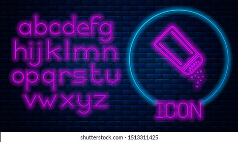 Glowing neon Salt and pepper icon isolated on brick wall background. Cooking spices. Neon light alphabet. Vector Illustration