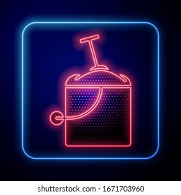 Glowing neon Sand in bucket with shovel icon isolated on blue background. Plastic kid toy. Summer icon.  Vector Illustration