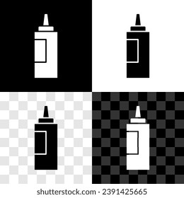 Glowing neon Sauce bottle icon isolated on black background. Ketchup, mustard and mayonnaise bottles with sauce for fast food.  Vector