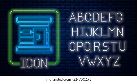Glowing neon Sauna wooden bathhouse icon isolated on brick wall background. Heat spa relaxation therapy bath and hot steam healthcare, relax therapy. Neon light alphabet. Vector