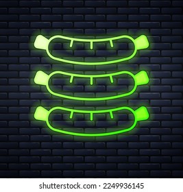 Glowing neon Sausage icon isolated on brick wall background. Grilled sausage and aroma sign.  Vector