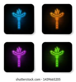 Glowing neon Sausage on the fork with steam icon isolated on white background. Grilled sausage and aroma sign. Black square button. Vector Illustration