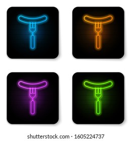Glowing neon Sausage on the fork icon isolated on white background. Grilled sausage and aroma sign. Black square button. Vector Illustration