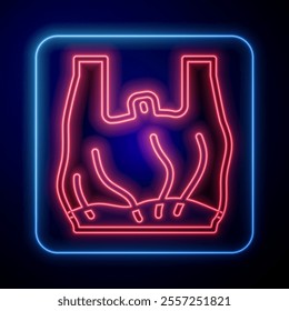 Glowing neon Say no to plastic bags poster icon isolated on black background. Disposable cellophane and polythene package prohibition sign.  Vector