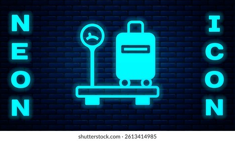 Glowing neon Scale with suitcase icon isolated on brick wall background. Logistic and delivery. Weight of delivery package on a scale.  Vector
