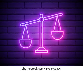 Glowing neon Scales of justice icon isolated on brick wall background. Court of law symbol. Balance scale sign. Vector Illustration.