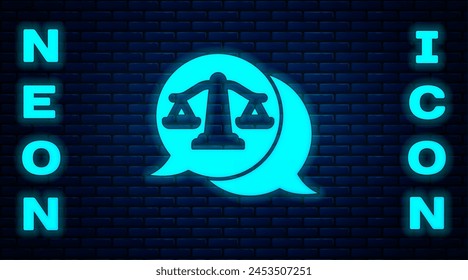 Glowing neon Scales of justice icon isolated on brick wall background. Court of law symbol. Balance scale sign.  Vector