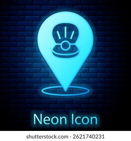 Glowing neon Scallop sea shell icon isolated on brick wall background. Seashell sign.  Vector