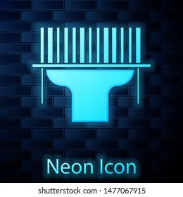 Glowing neon Scanner scanning bar code icon isolated on brick wall background. Barcode label sticker. Identification for delivery with bars.  Vector Illustration