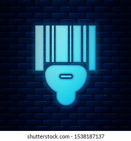 Glowing neon Scanner scanning bar code icon isolated on brick wall background. Barcode label sticker. Identification for delivery with bars.  Vector Illustration