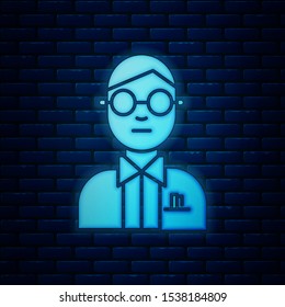 Glowing neon Scientist icon isolated on brick wall background.  Vector Illustration