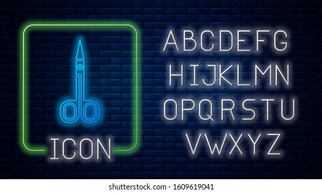 Glowing neon Scissors icon isolated on brick wall background. Cutting tool sign. Neon light alphabet. Vector Illustration