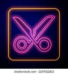 Glowing neon Scissors icon isolated on black background. Cutting tool sign.  Vector