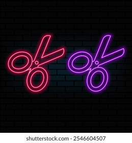 Glowing neon Scissors icon isolated on brick wall background. Cutting tool sign. Vector.